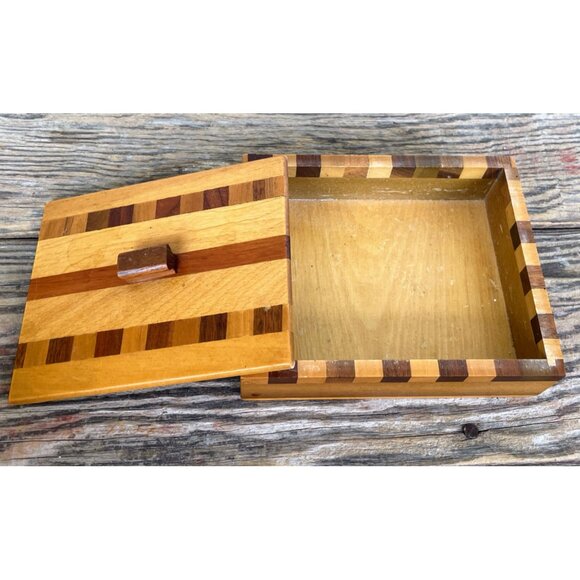 Vintage 1960s Parquet Marquetry Lidded Wood Box MCM - Picture 15 of 16